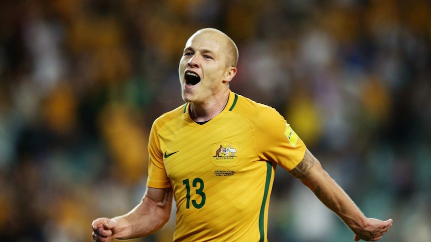 Aaron Mooy of the Socceroos celebrates scoring a goal