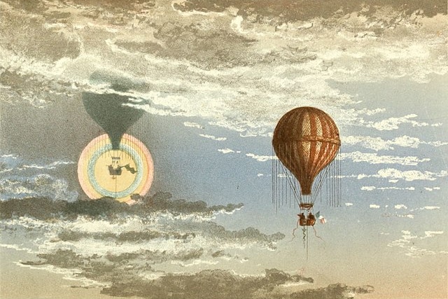 An illustration from 1871 of a hot air balloon above the clouds
