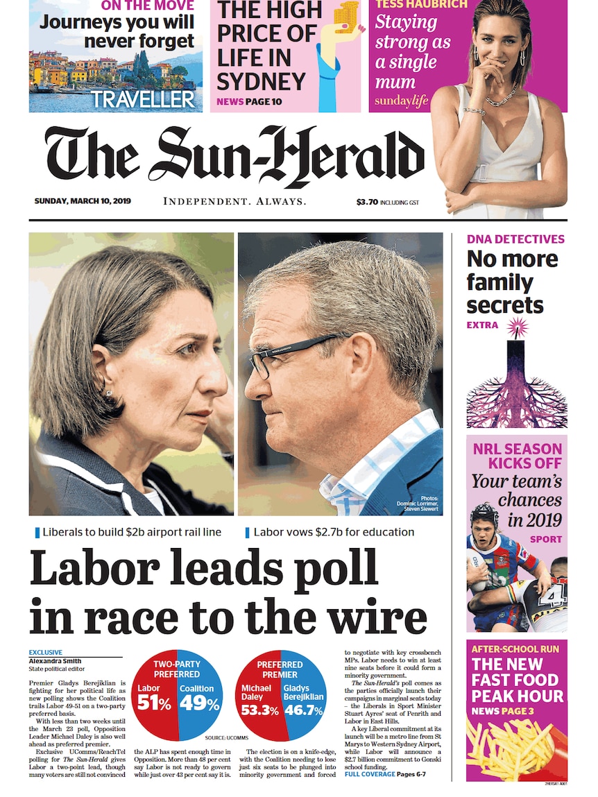 Front cover of the Sun Herald, March 10 2019, with the lead article about Labor leading in a new poll.