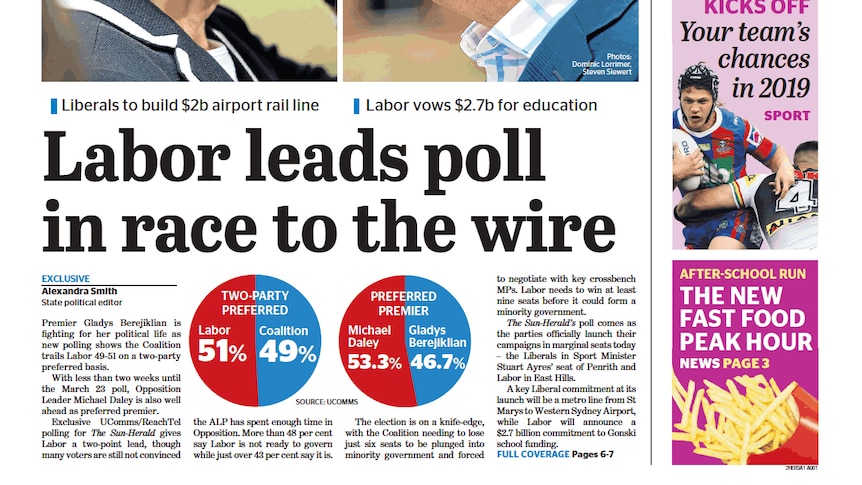 Front cover of the Sun Herald, March 10 2019, with the lead article about Labor leading in a new poll.