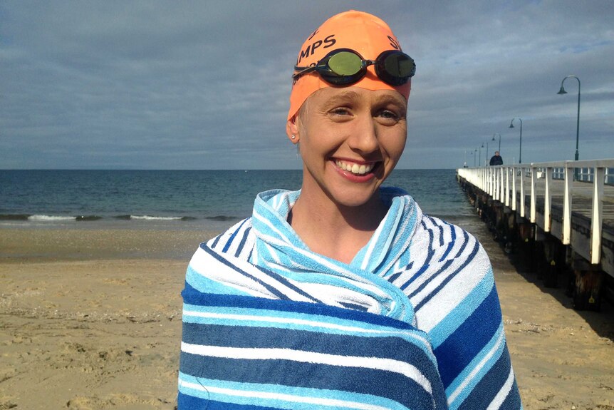 Chloe McCardel after swimming in Melbourne's Port Phillip Bay.