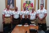 Brent Kite and Tongan rugby league officials with the Tongan prime minister Akilisi Pohiva.
