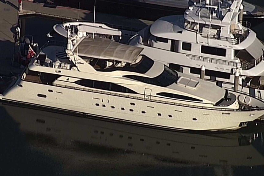 Aerial shot of luxury yacht Lady Pamela at a marina at Coomera on the Gold Coast on 25 August 2020.