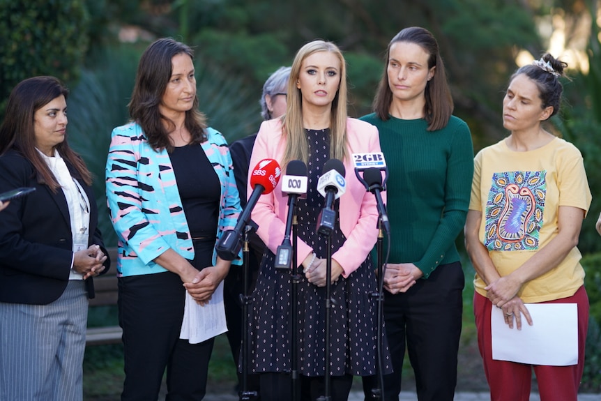 Women standing around a microphone, speaking at a press conference 