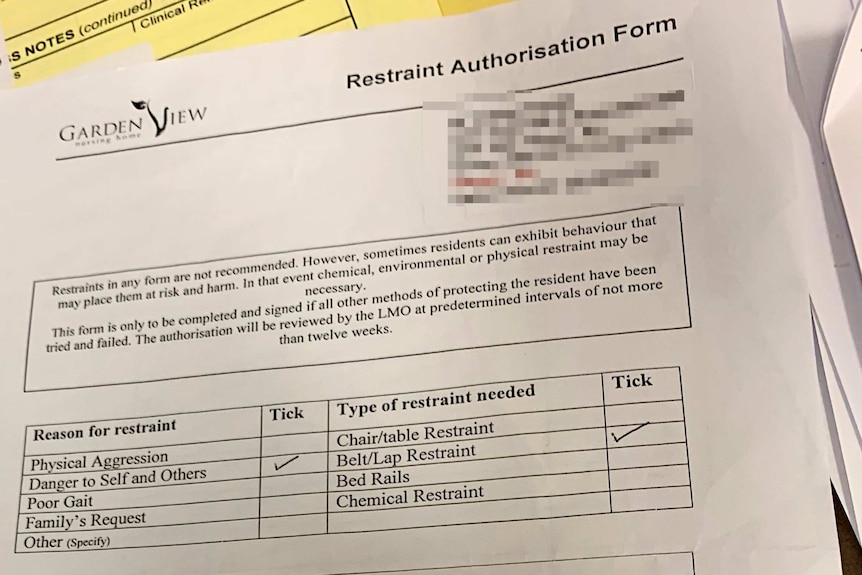 Restraint authorisation form for Terry Reeves from Garden View home.