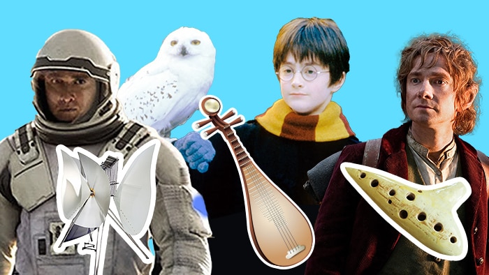 Interstellar, Harry Potter and The Hobbit characters with instruments in front of them and a blue background.