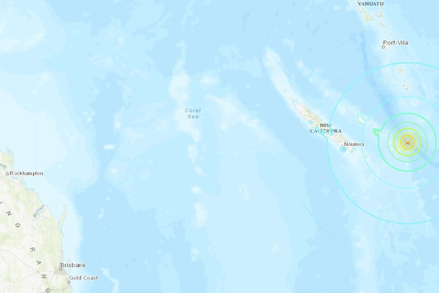 A map shows an earthquake that hit off the New Caledonian coast, with concentric circles showing its spread.