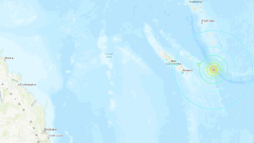 A map shows an earthquake that hit off the New Caledonian coast, with concentric circles showing its spread.