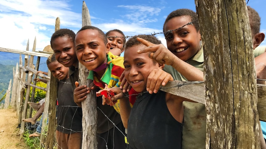 Seven children in Papua New Guinea stand by fence. Six can be seen smiling to camera
