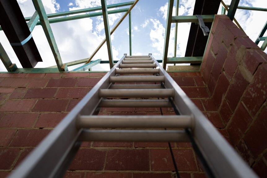 A ladder reaching up out of a home building site. 