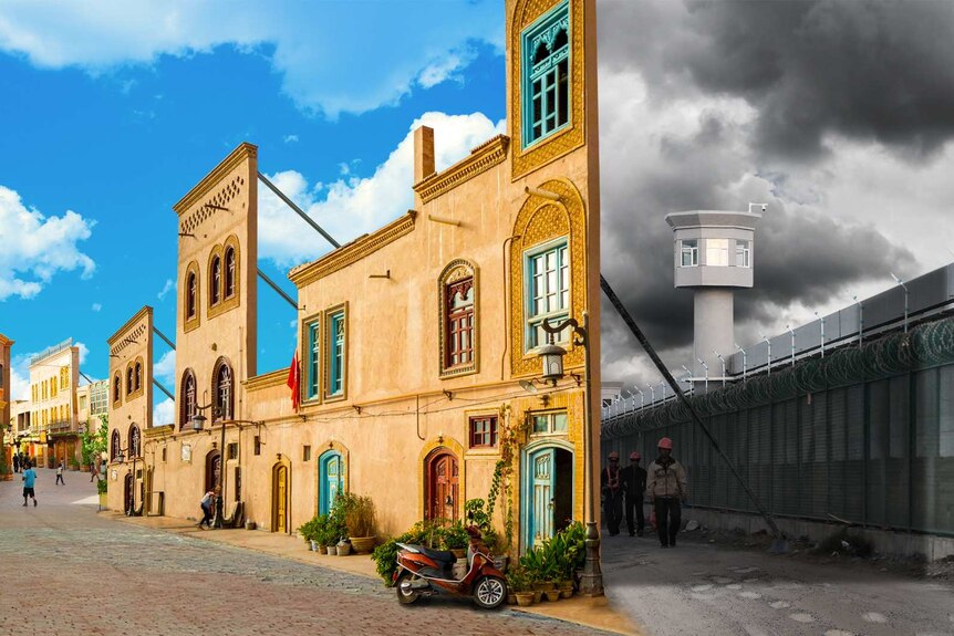 On the left, the facade of a sunny Kashgar street is proped up against a grey sky, watch tower and barbed wire fence behind.