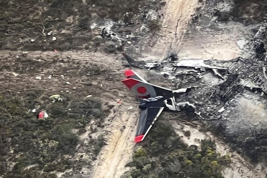 The charred remains of an aircraft