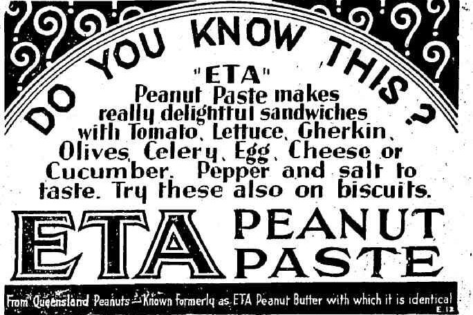 A black and white newspaper ad spruiking ETA peanut paste sandwiches with tomato, lettuce, gherkin, olives, celery