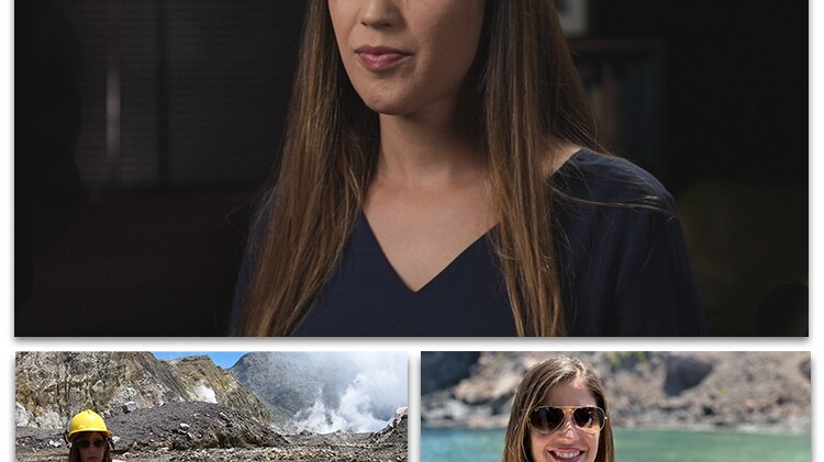 Aline Kauffmann pictured on White Island and during her interview
