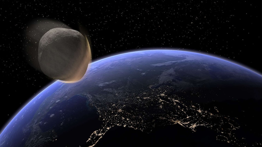 An illustration of an asteroid about to impact the Earth.