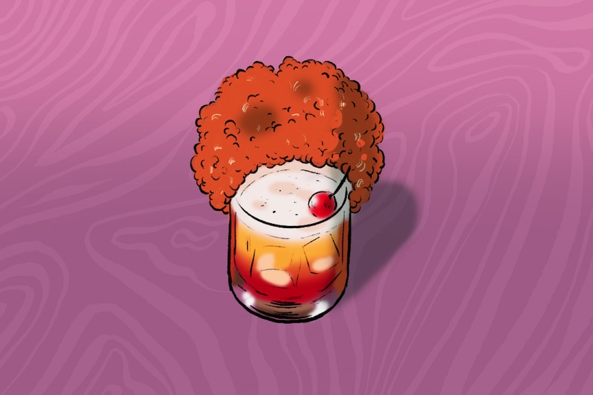 Cartoon of a rum cocktail with an orange afro and a maraschino cherry 