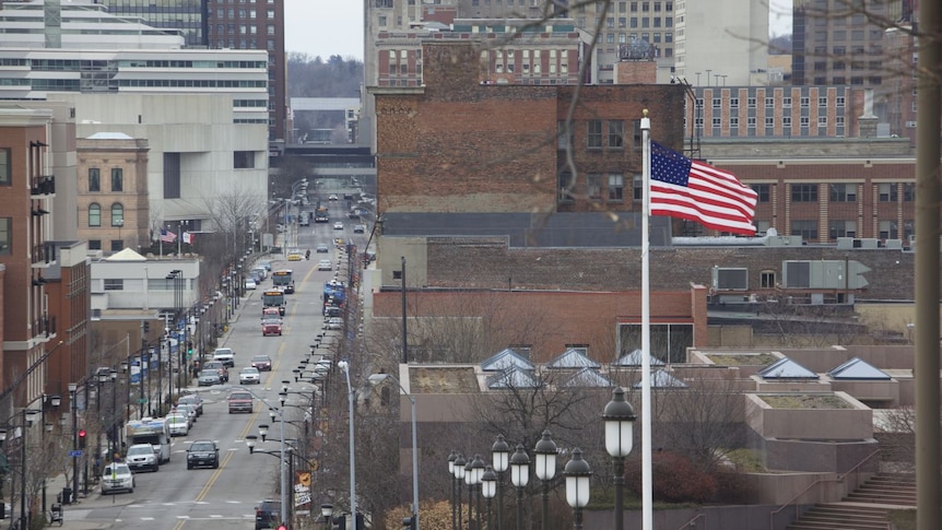 The view from the State Capitol building in Grand Avenue, Des Moines, Iowa during caucus week 2012.