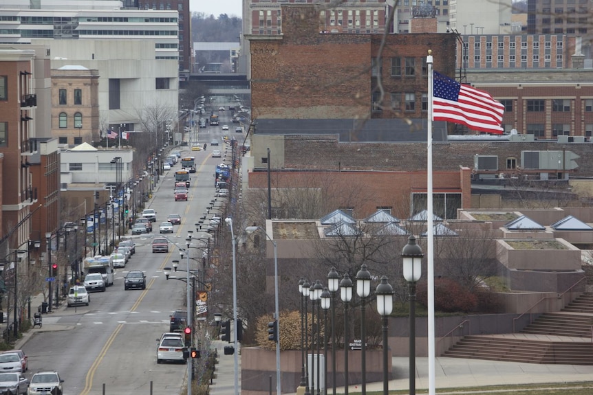 The view from the State Capitol building in Grand Avenue, Des Moines, Iowa during caucus week 2012.