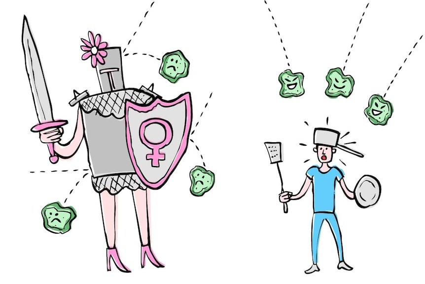 Cartoon of woman in armour and man with metal saucepan on head showing differences in immune responses.