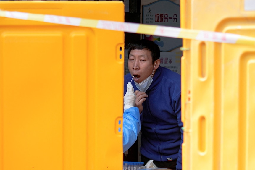 노란색 장벽 뒤에 있는 임시 검사 시설에서 한 남성이 코로나19 검사를 받고 있다.