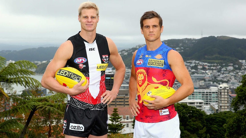 Saints and Brisbane captains Nick Riewoldt and Jed Adcock pose in Wellington ahead of Anzac Day.