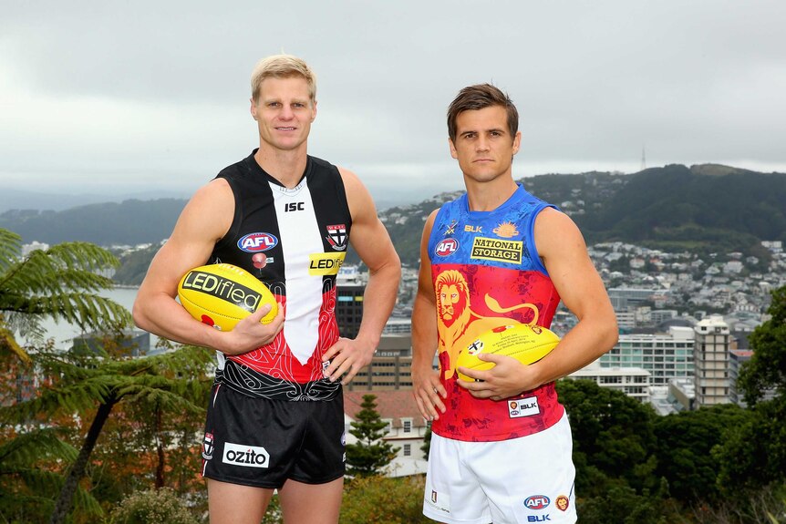 Saints and Brisbane captains Nick Riewoldt and Jed Adcock pose in Wellington ahead of Anzac Day.