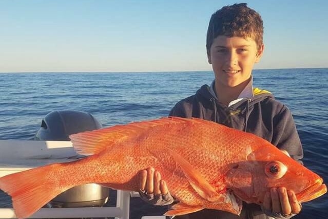 A young boy in a hooded sweatshirt on a boat holding a fish.