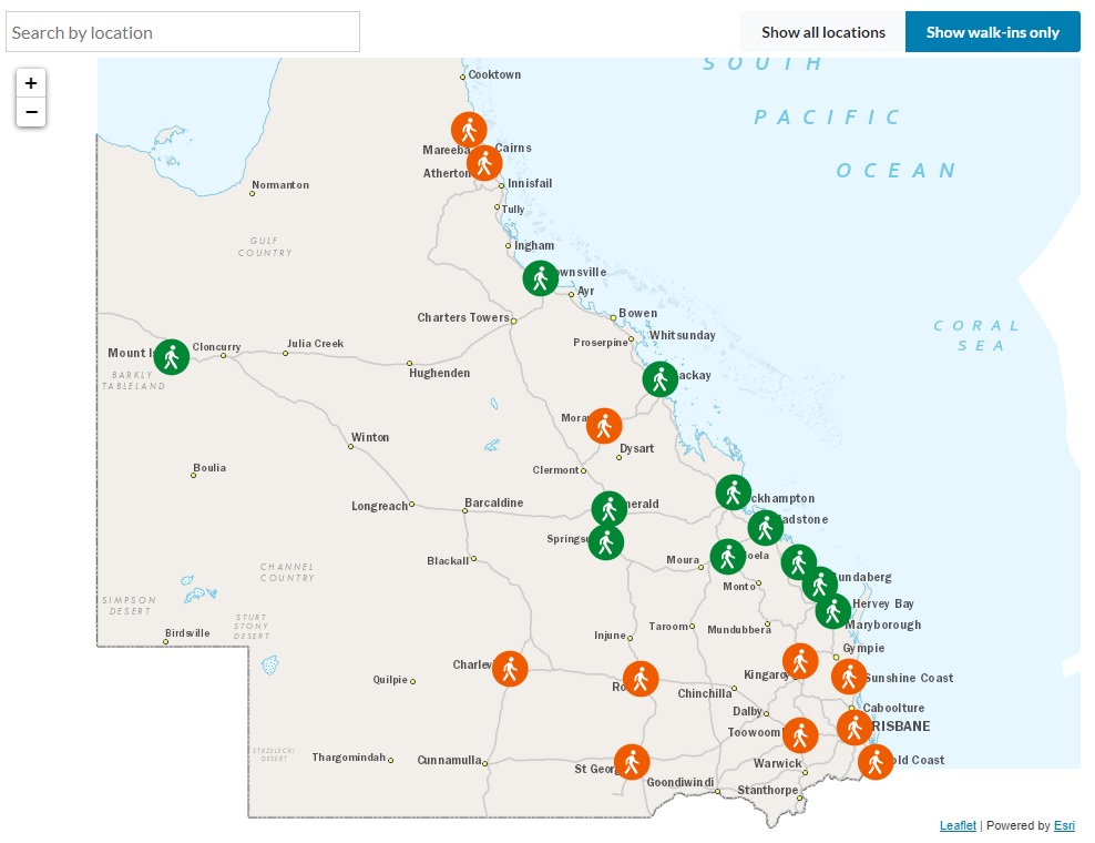 A map of clinics in Queensland where you can walk-in for a vaccine.
