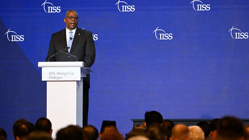 US Defence Secretary Lloyd Austin addressing a gathering in Singapore