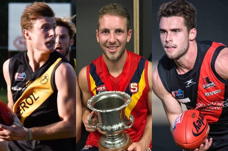 Three separate photos of Adelaide footballers side by side