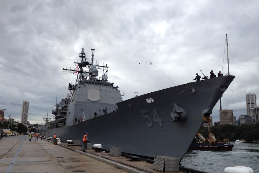 The USS Antietam docks in Sydney Harbour ahead of a joint US-Australian military training exercise.