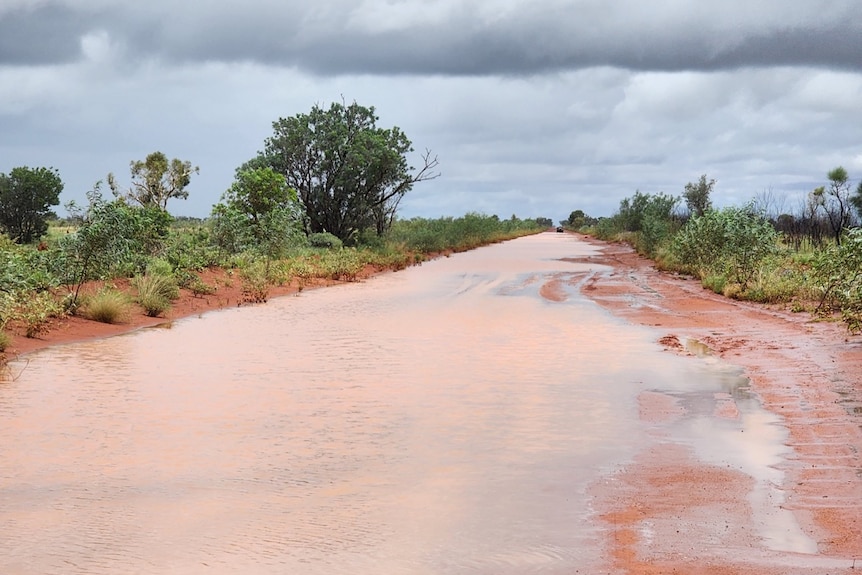 Floodwaters over a red dirt road with green shrubbery on either side. 