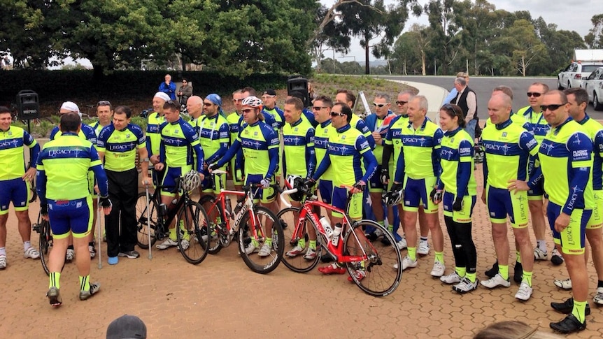 Cyclists taking part in the 1,500 km Tour De Legacy charity ride from Canberra to Adelaide.