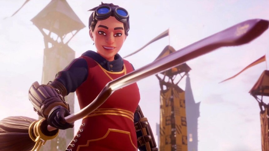 A screenshot from the upcoming game Harry Potter Quidditch Champions, showing a wizard with their broom