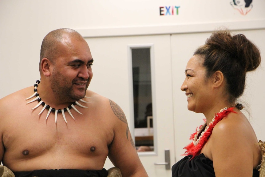 Sanele Savea laughs with fellow actor Litia Huch during Amataga o le Alofa rehearsal, September 2016.