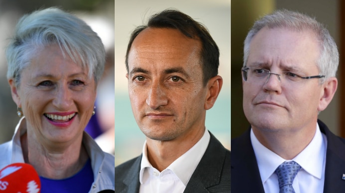A composite image of Kerryn Phelps, Dave Sharma and Scott Morrison.