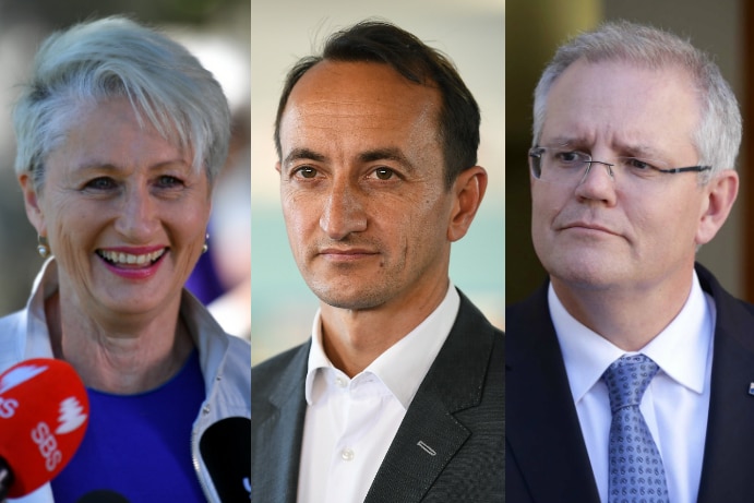 A composite image of Kerryn Phelps, Dave Sharma and Scott Morrison.