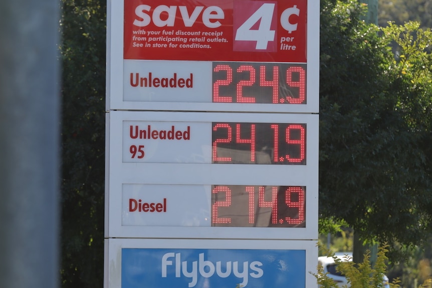 Fuel costs sign at Coles Xpress service station in Brisbane
