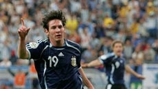 Lionel Messi celebrates the sixth goal as Argentina beat Serbia Montenegro 6-0