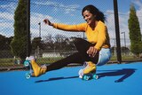 A woman roller skates with one foot off the ground for a story on roller skating helping people's health and happiness.
