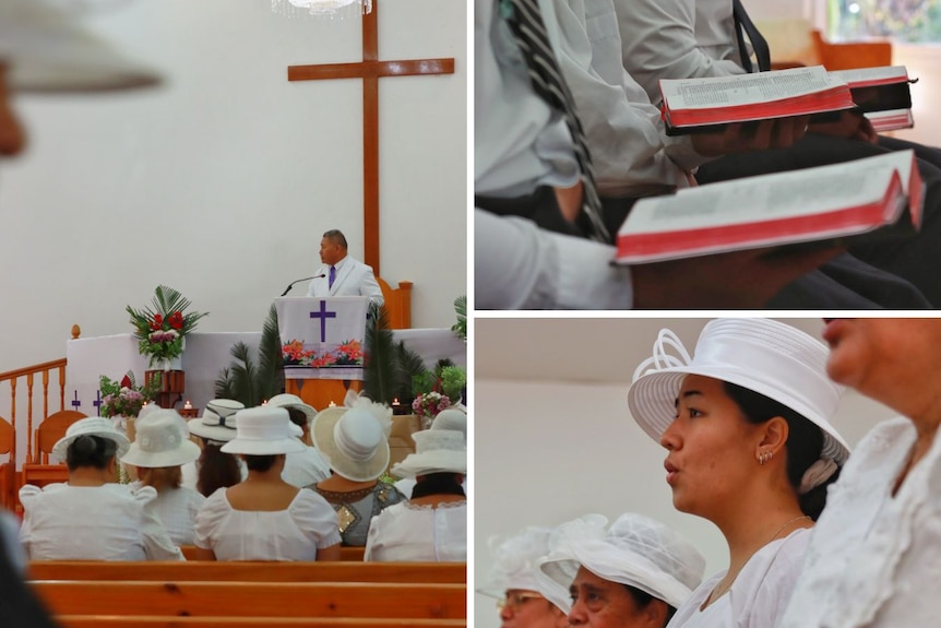 A collage of pictures from inside a church, including attendees holding bibles and singing.