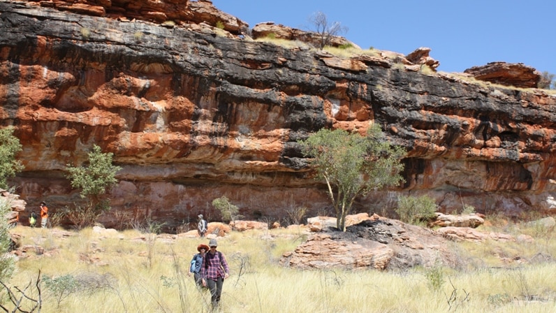 Surveying Gija rock art on Texas Downs station in the east Kimberley.