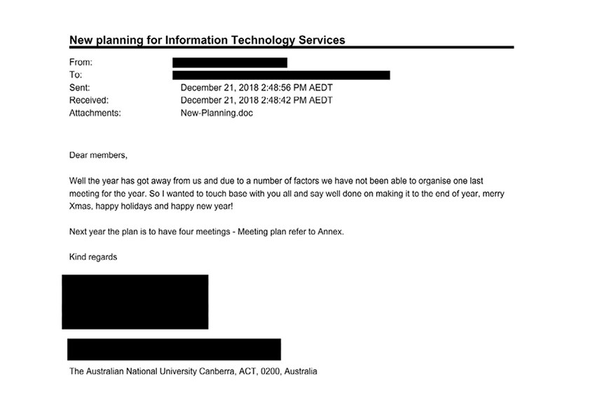 Spear phishing email sent to ANU staff showing the Information Technology Services new plan for the following year.