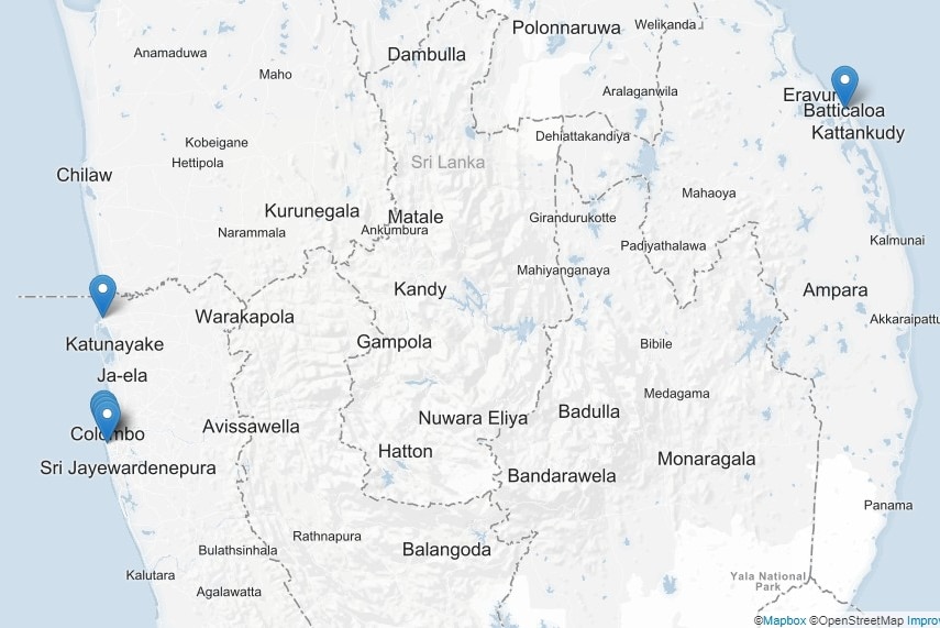 A map the southern half of Sri Lanka showing pins on the island's west and east coasts.