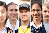 A collage of five portraits featuring young people either smiling or staring blankly at the camera.