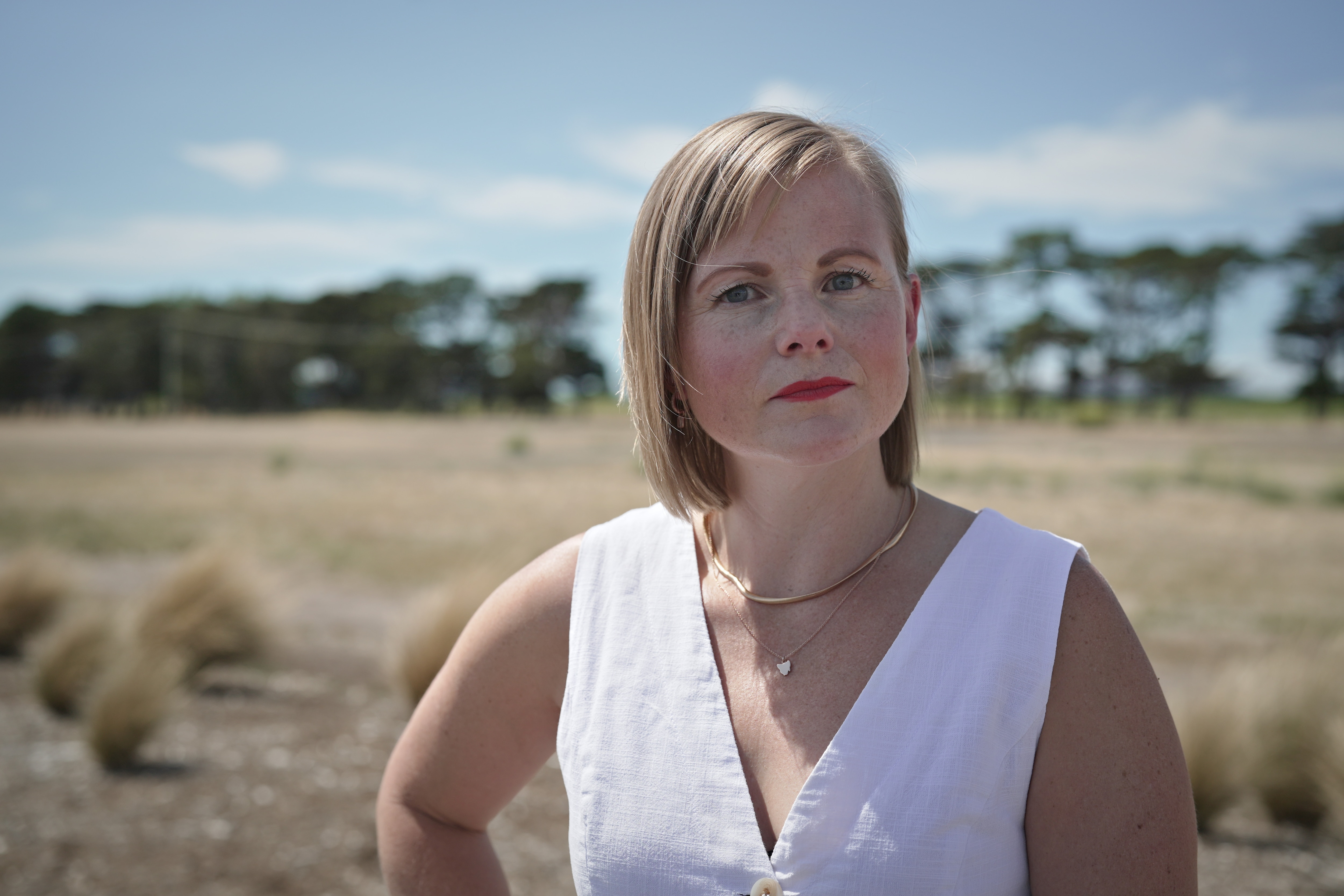 Bec Thomas looks at the camera.