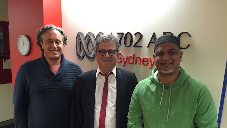 Dr Julian Droogan and Imam Afroz Ali posing in the ABC Radio 702 studios for an interview with Noel Debien