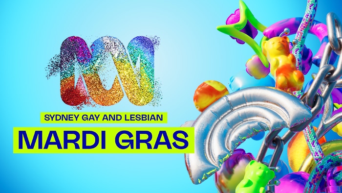 Abc logo with rainbow sparks, text reads: Sydney Gay and Lesbian Mardi gras, 3D gummy bear and balloon, iview logo