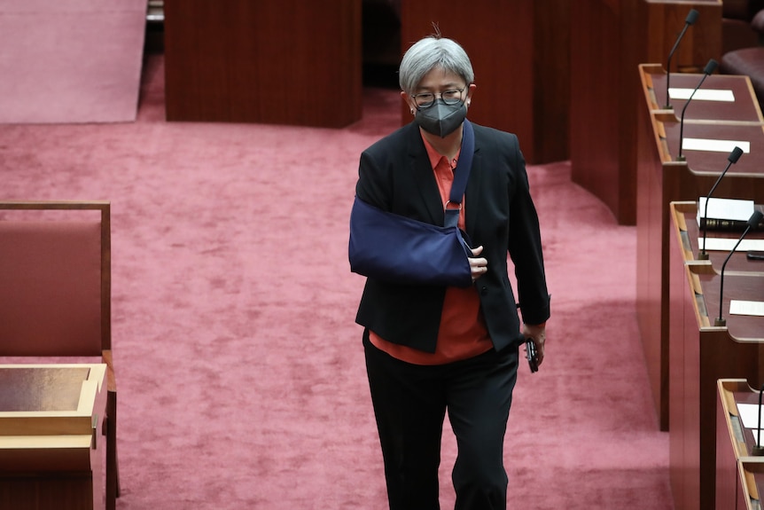 Wong walks into the senate wearing a mask, with her right arm in a sling.