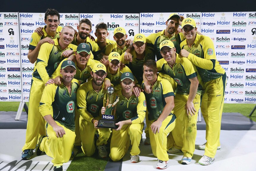 Australia's ODI team celebrates with the trophy after sweeping Pakistan